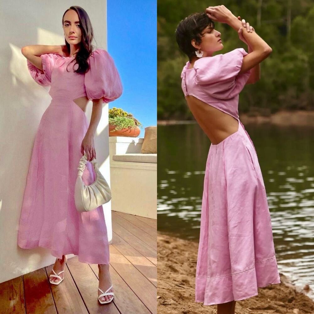 AJE Serendipity Cut Out Dress Musk Pink Puff Sleeve Women 4 Maxi Pockets